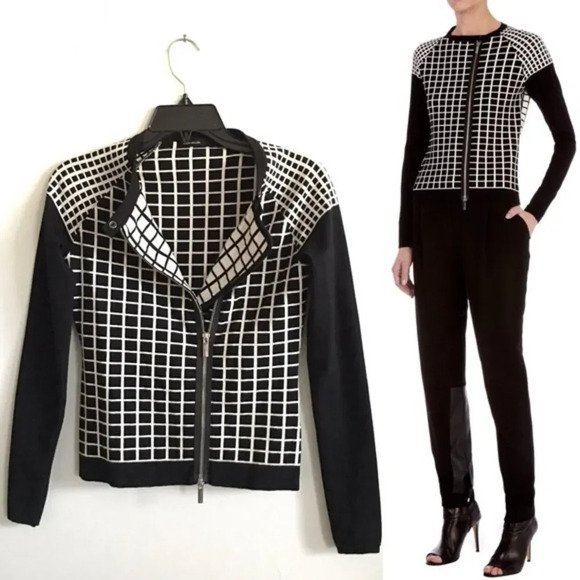 KAREN MILLEN NWOT Windowpane Zip Front Cardigan - Picture 1 of 6